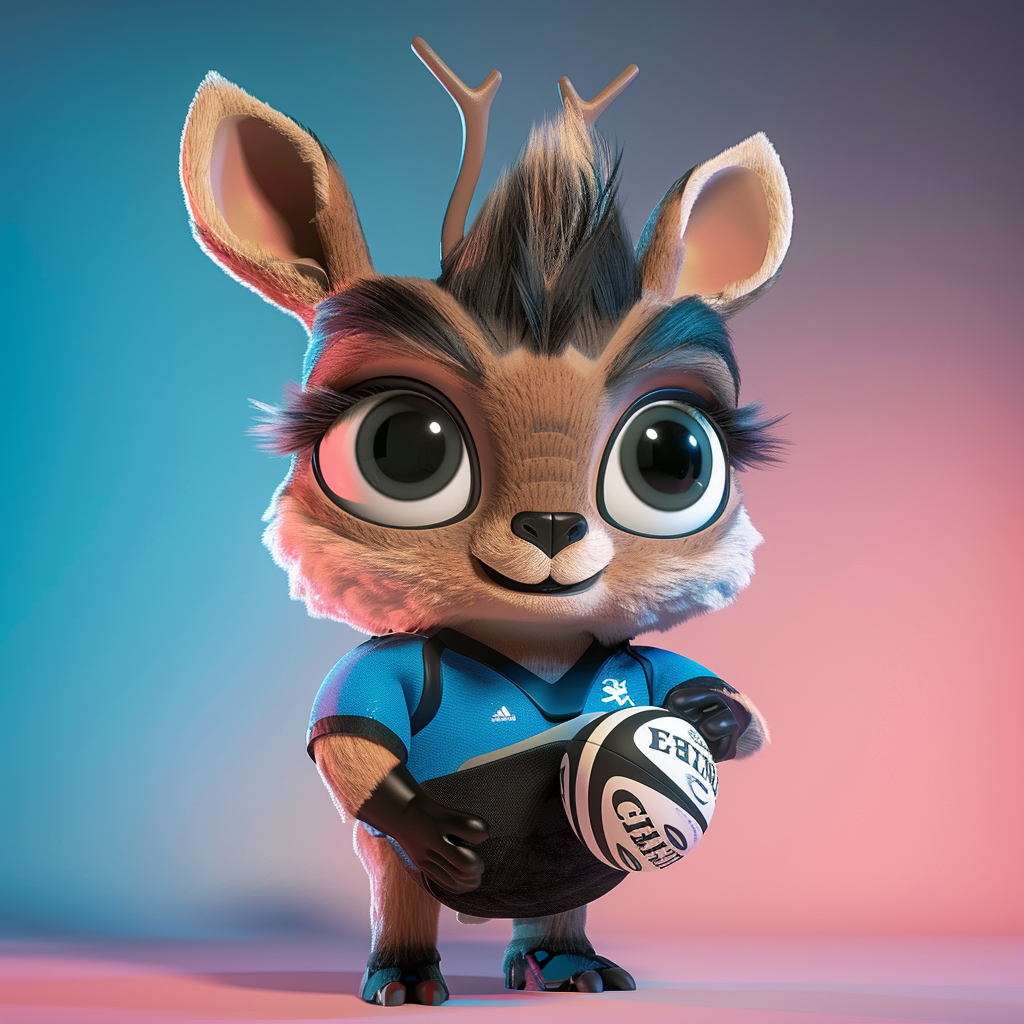 A playful stag mascot in rugby attire