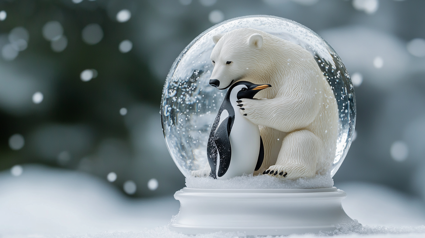 A polar bear hugs a penguin in snow globe.