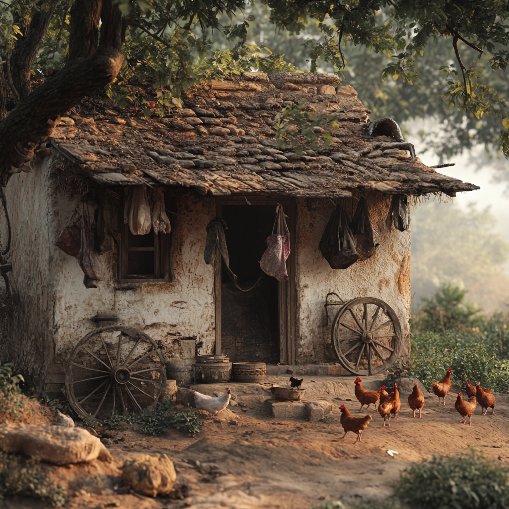 A poor man's hut in 1940s Indian village