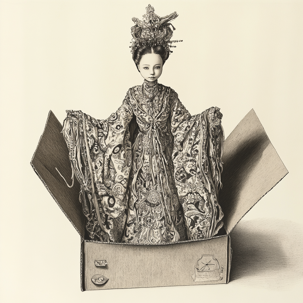 A porcelain doll in ornate robe inside box.