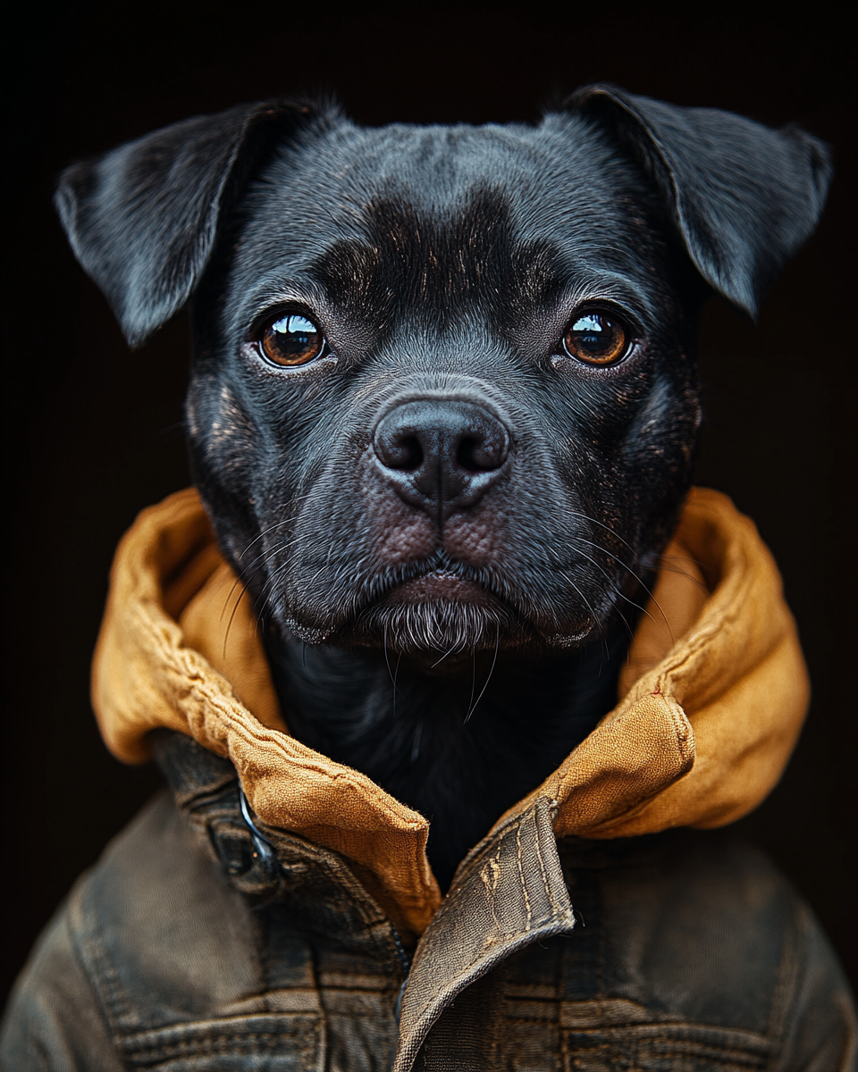 A portrait of a stylish dog in urban fashion.