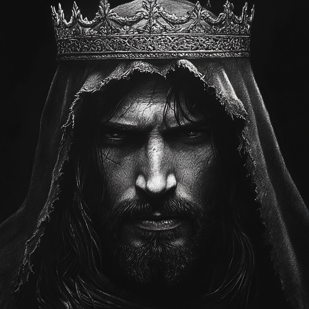 A portrait of warrior Jesus with a crown