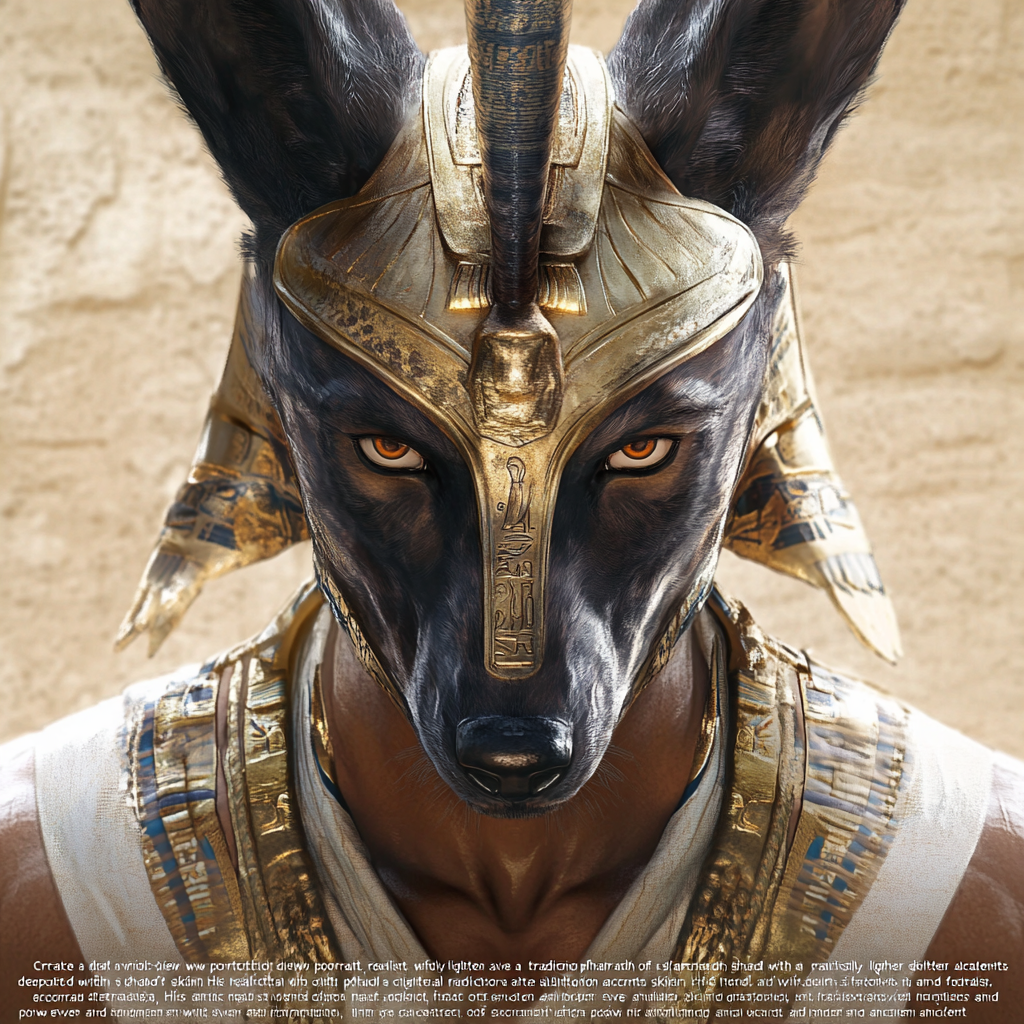 A powerful Anubis stands in ancient desert.