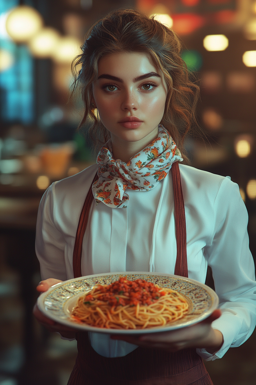 A pretty Italian waitress serving spaghetti bolognese.