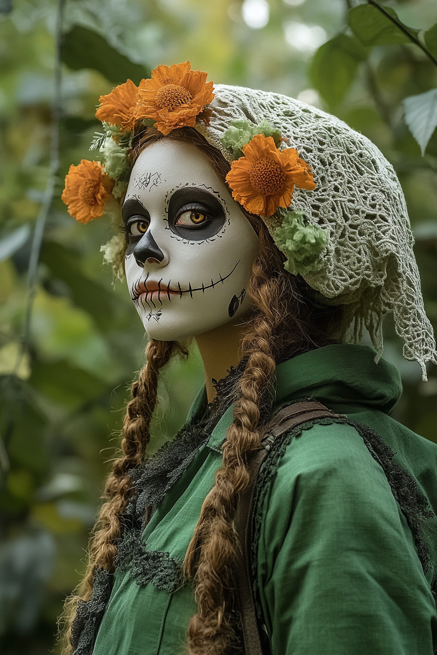 A pretty young girl in green Catrina costume