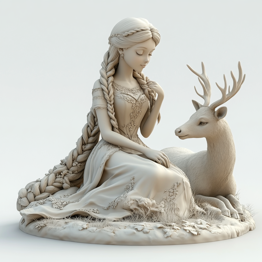 A princess braiding her hair, watching a deer