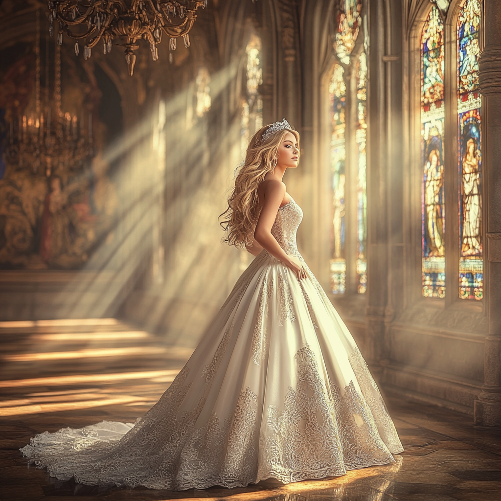 A princess in a white gown stands in a castle hall.