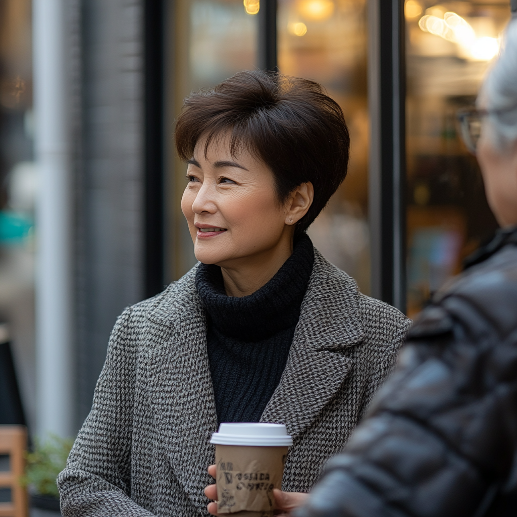 A professional Asian woman and senior partner in a coffee shop