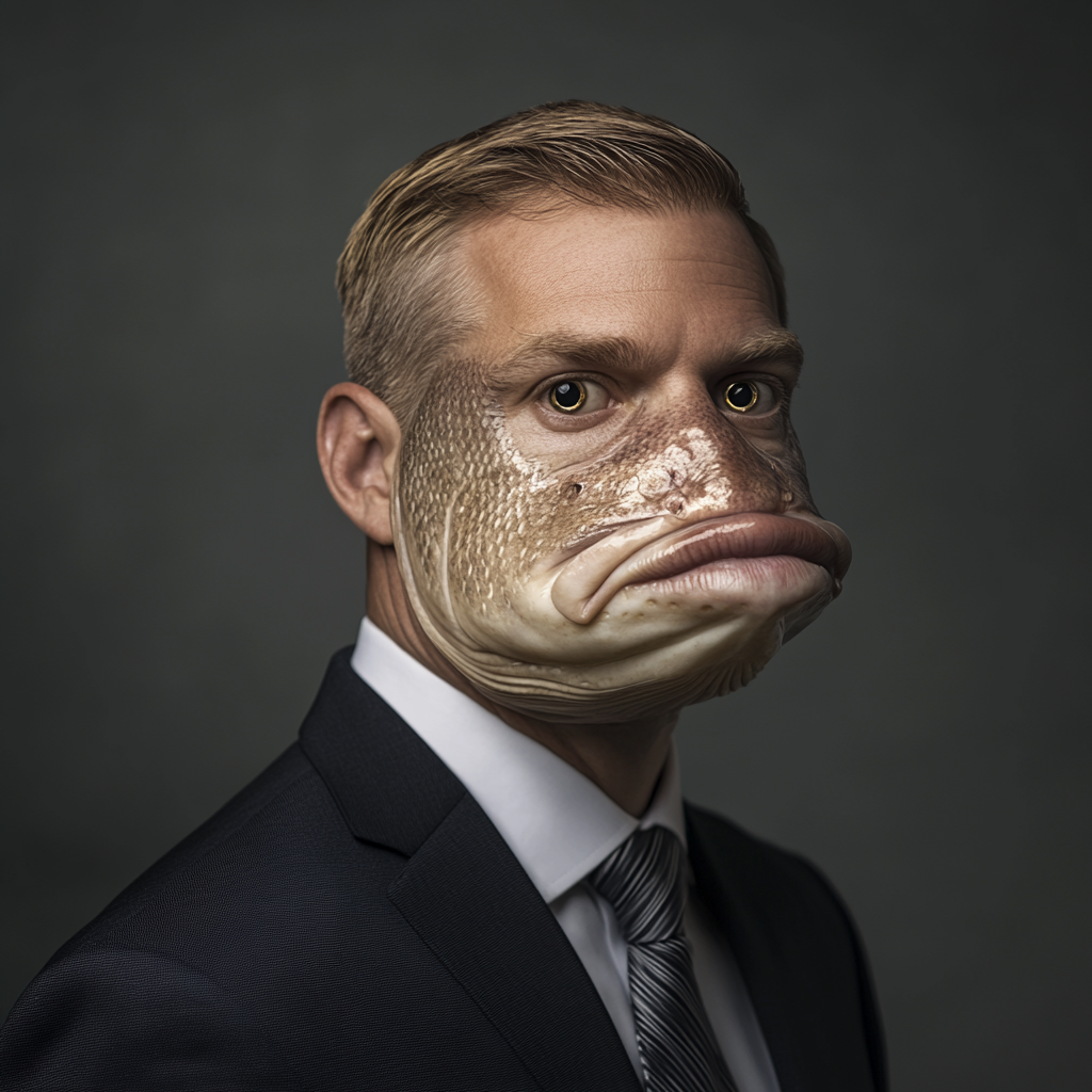 A professional headshot with a fish head for realism.