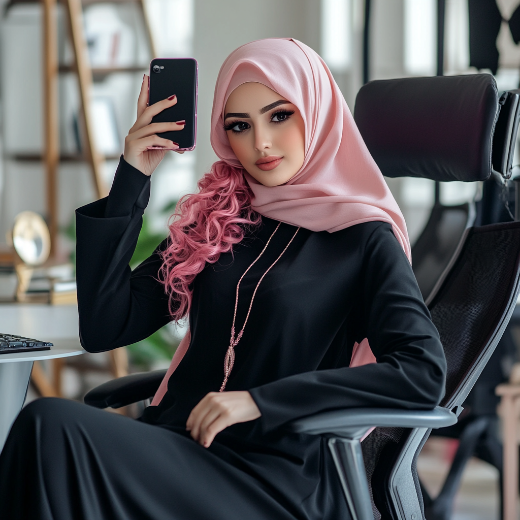 A professional woman taking selfie in office chair.