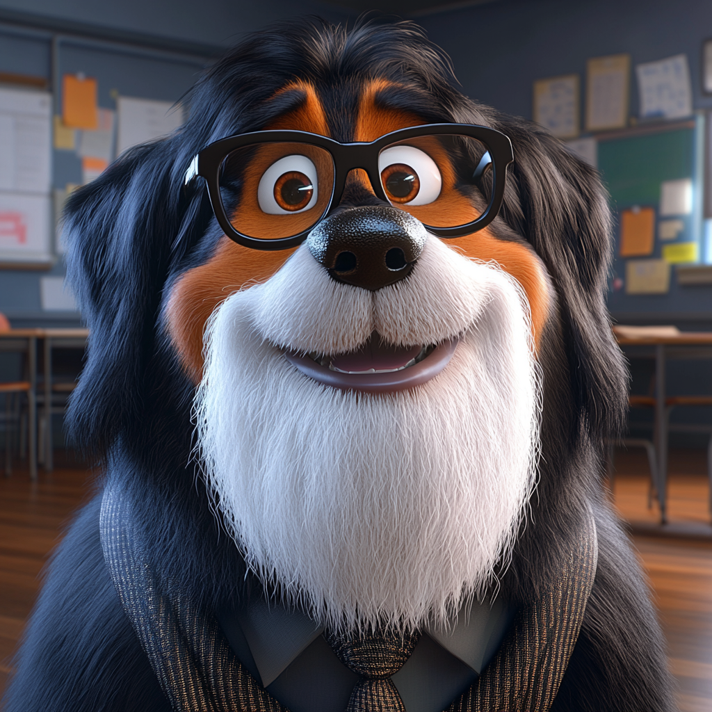 A professor Bernese Mountain Dog with 3D glasses.