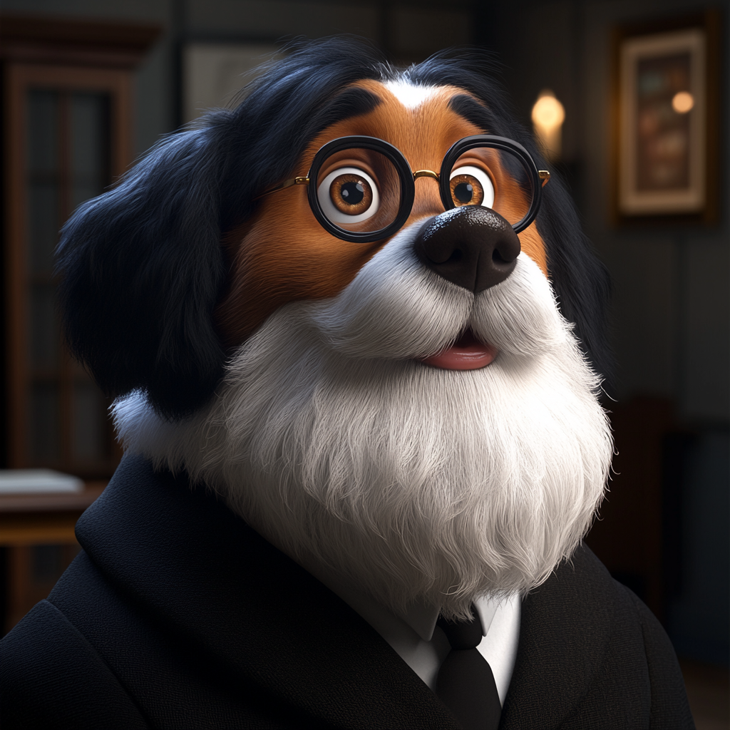 A professor Bernese Mountain Dog with puppy eyes.