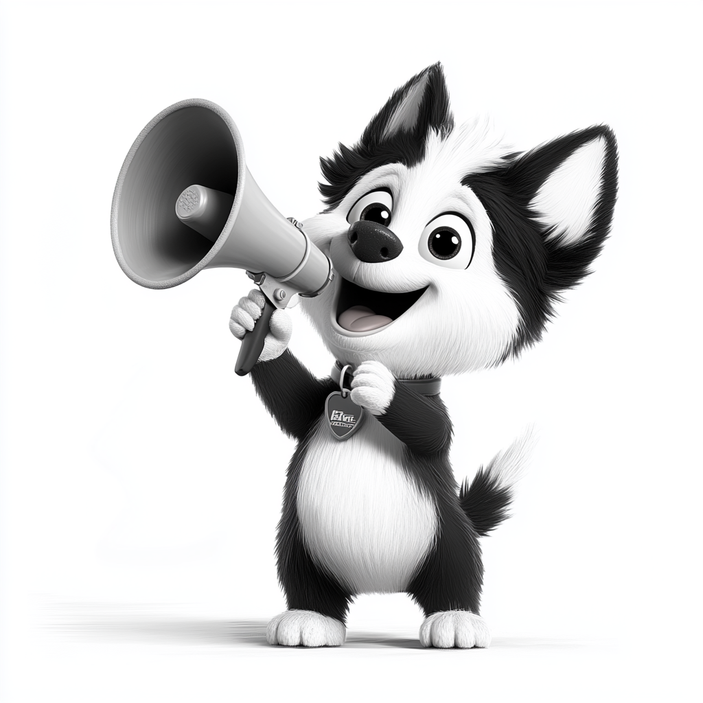 A proud cartoon dog motivates with megaphone.