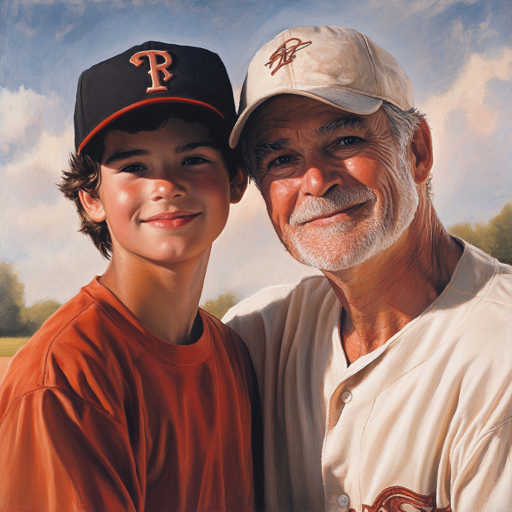 A proud older father and son in portrait, happy.