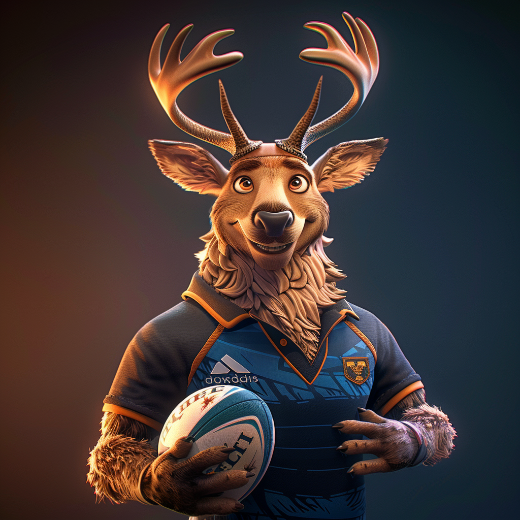 A proud stag mascot in colorful outfit