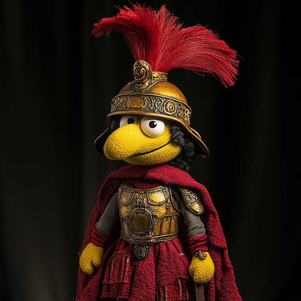 A puppet of Lady Sparta in Spartan armor.