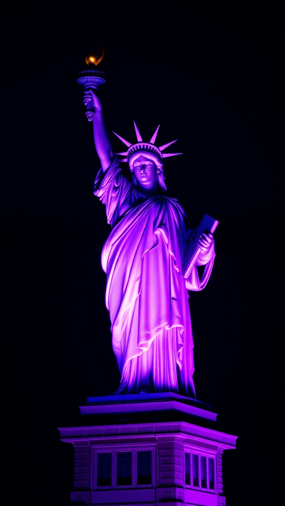 A purple Statue of Liberty by the sea.