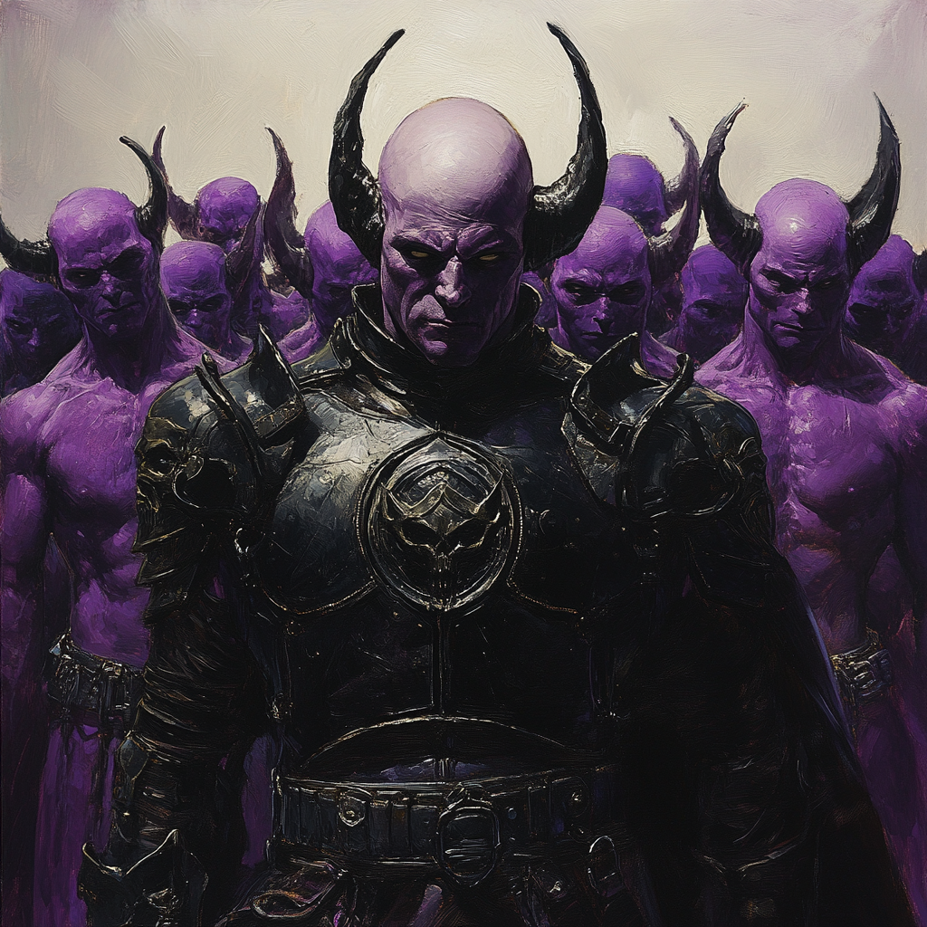 A purple demon with black eyes and horns