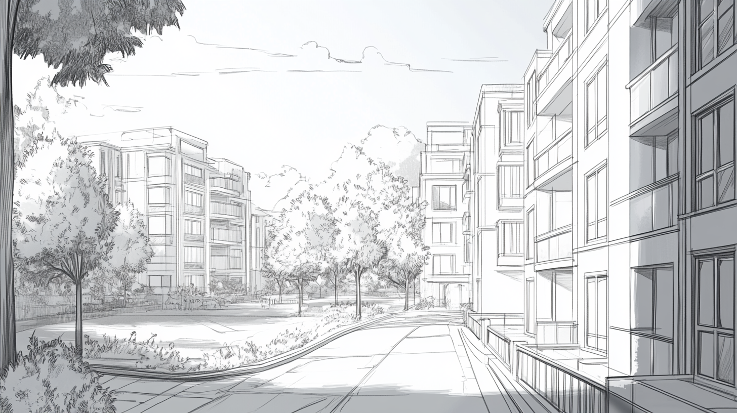 A quiet neighborhood block with apartments and park