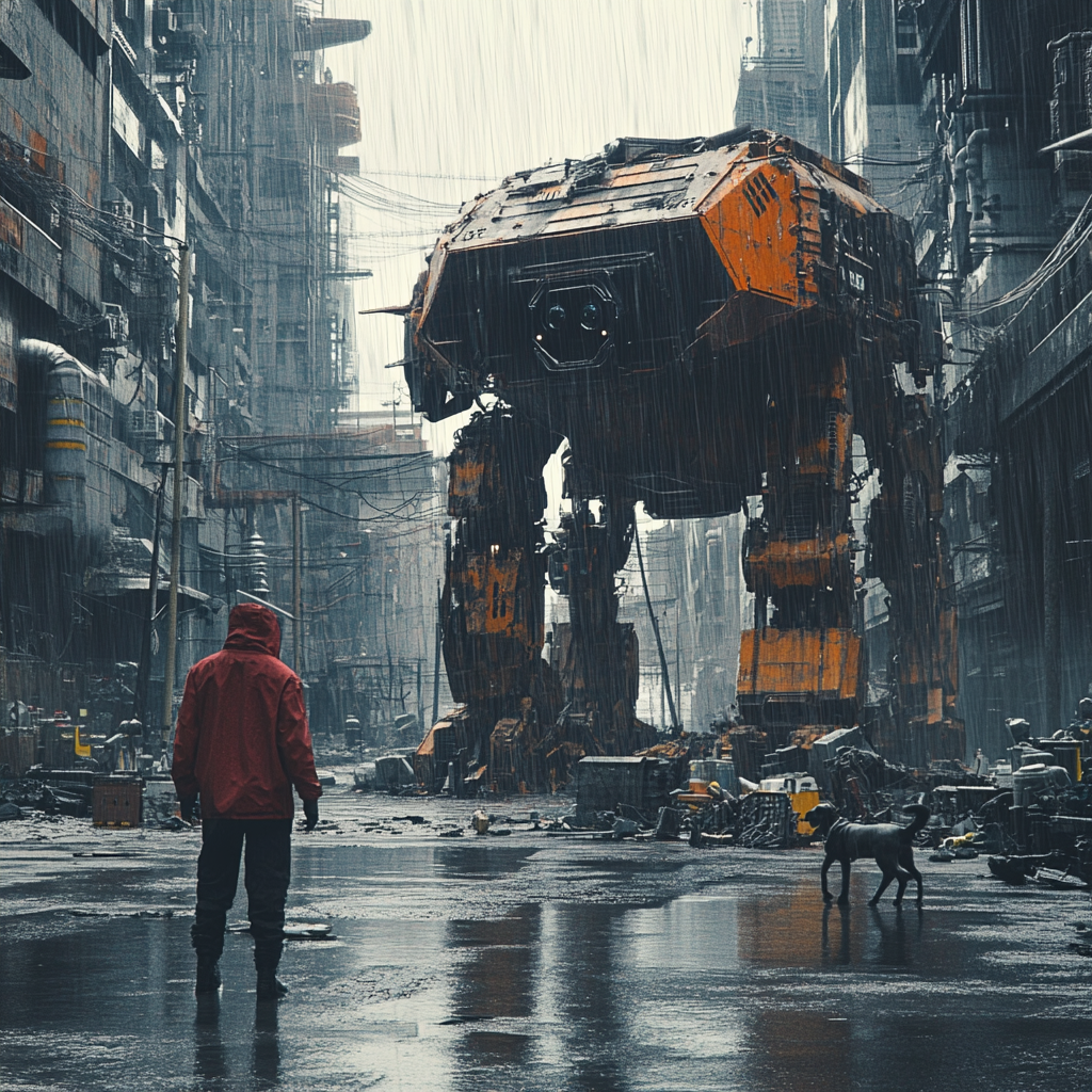 A rainy cyberpunk city after a war, drone surveillance.