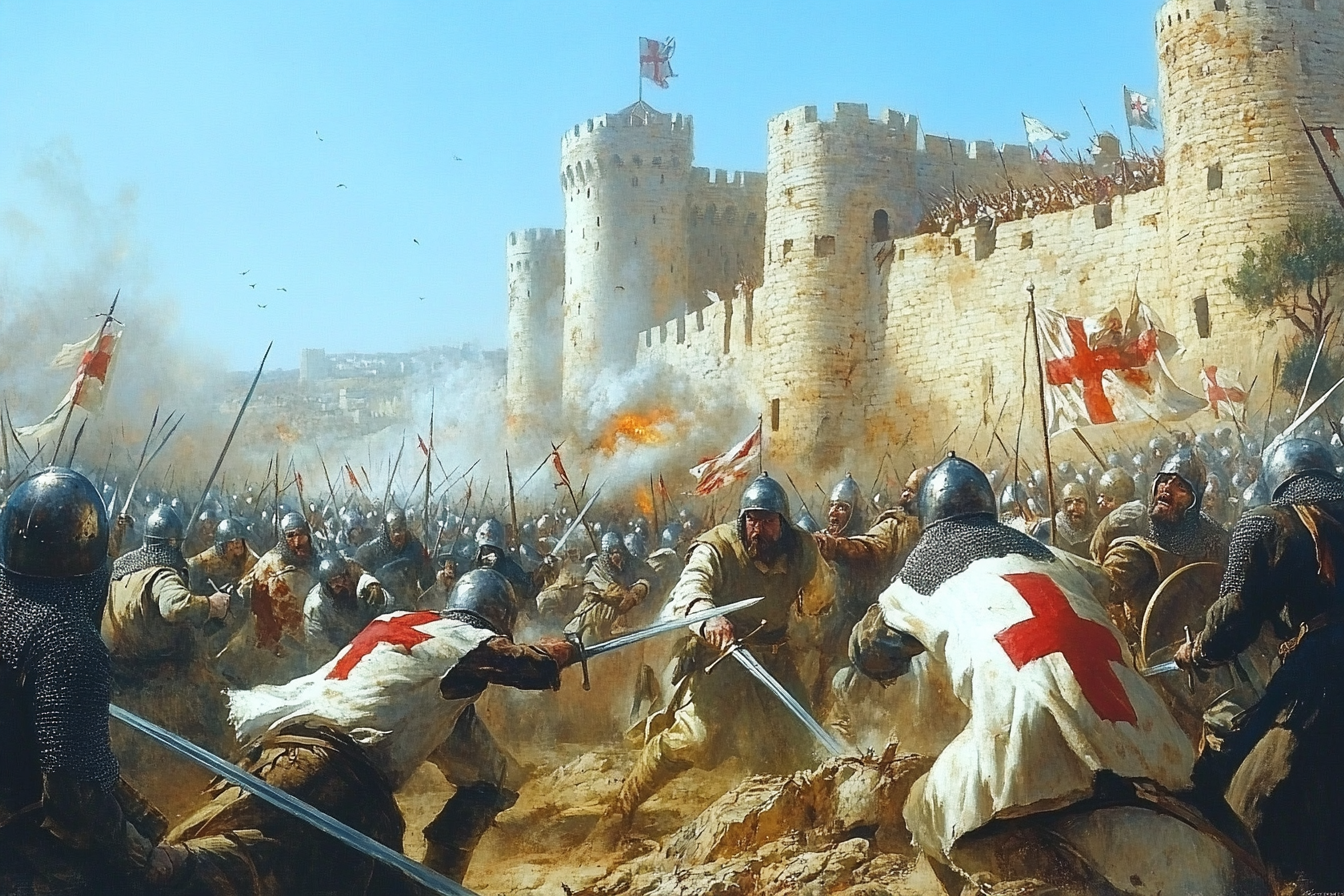 A realistic 19th century painting of a medieval battle.