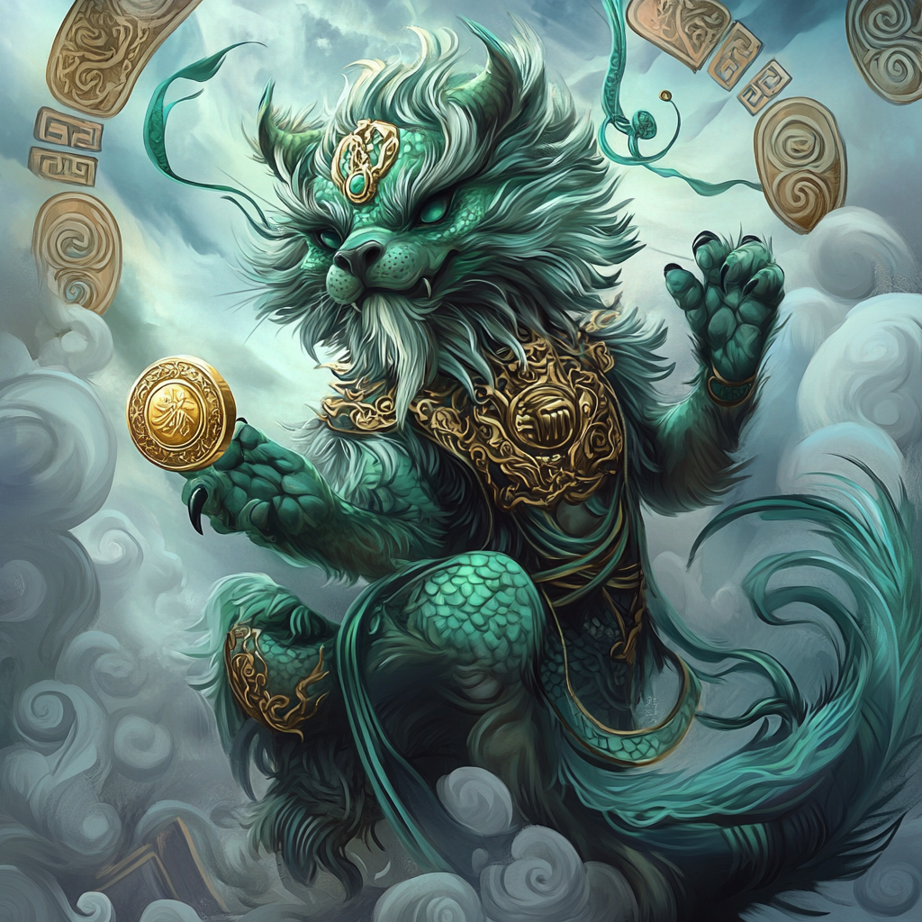 A realistic Pi Xiu holding gold coin.