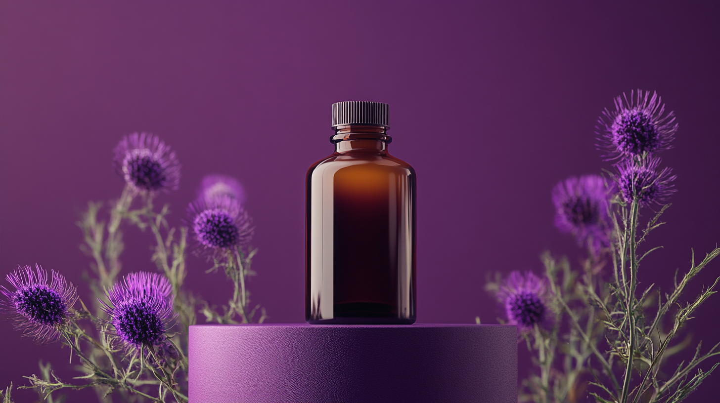 A realistic brown bottle with milk thistle flowers