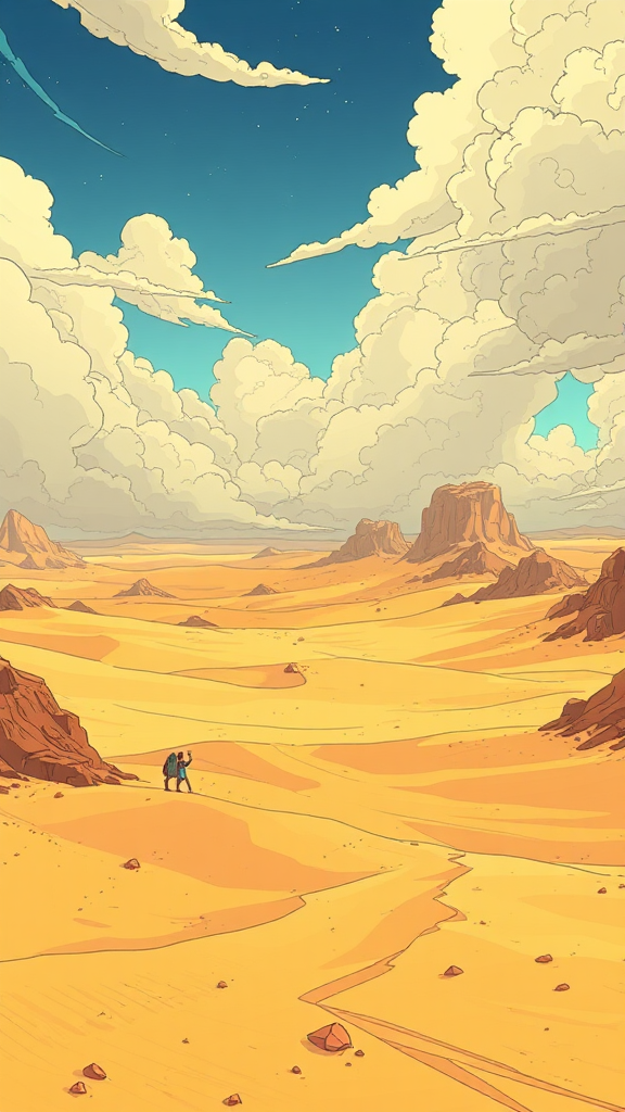 A realistic cartoon comic book cover of desert.