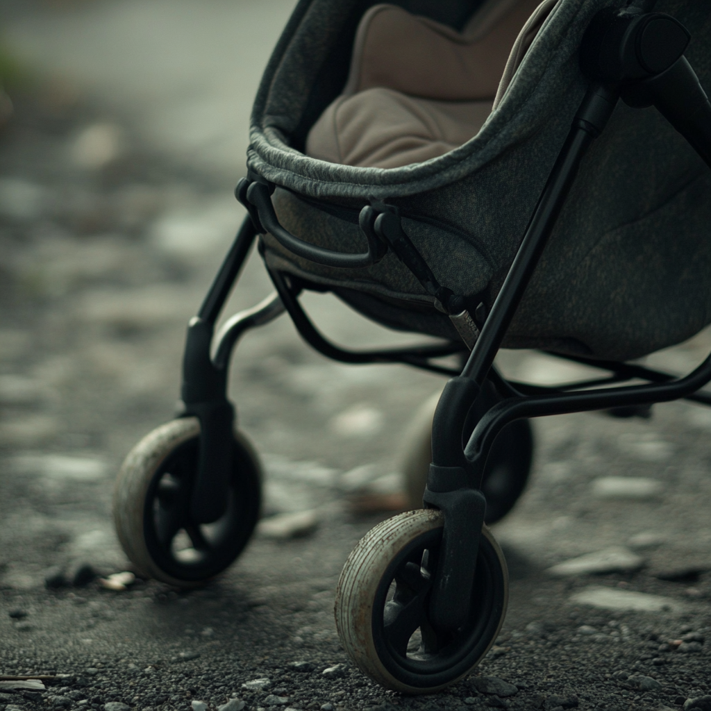 A realistic close-up shot of a baby stroller.