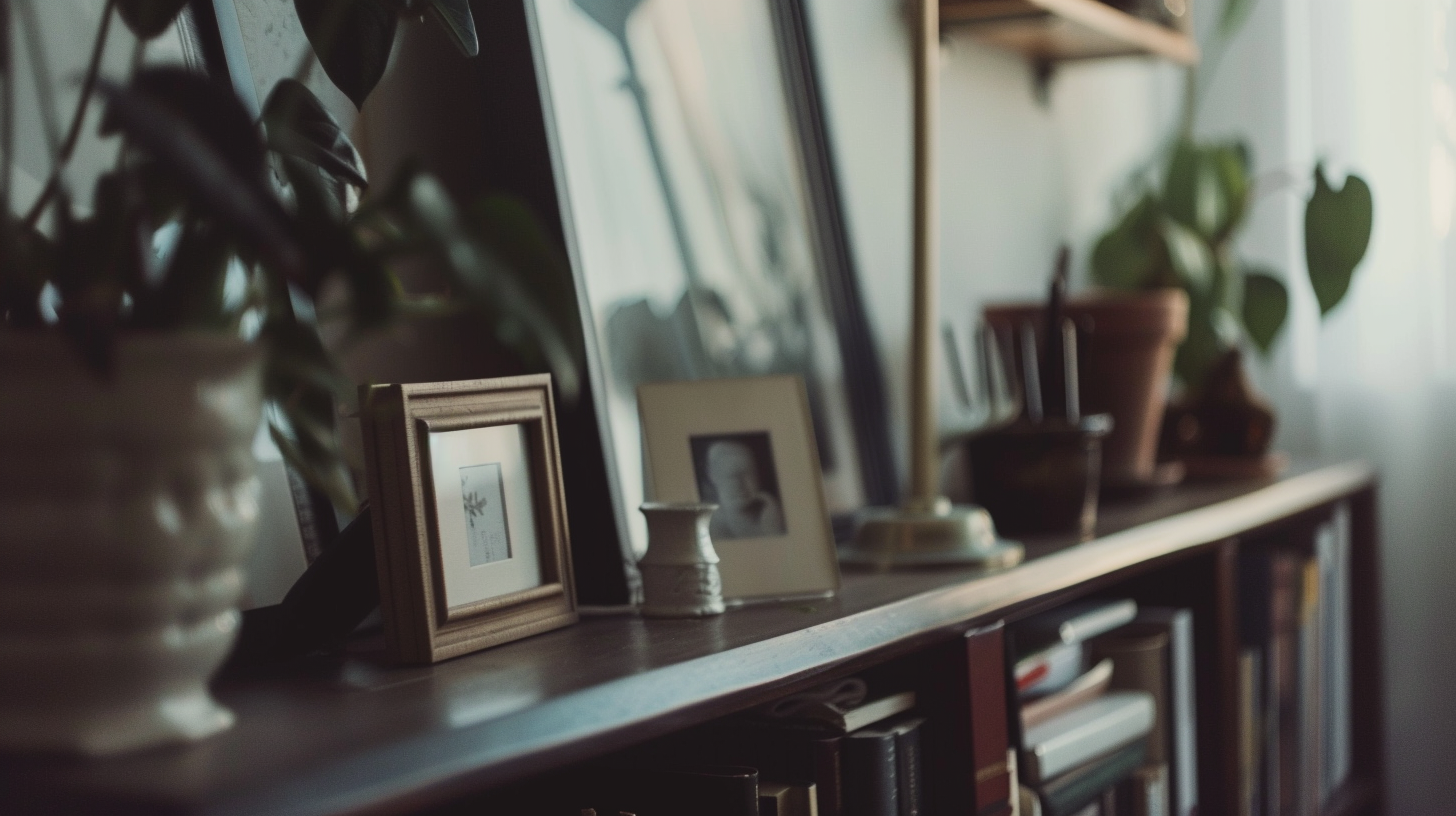 A realistic closeup of a photo frame on altar.