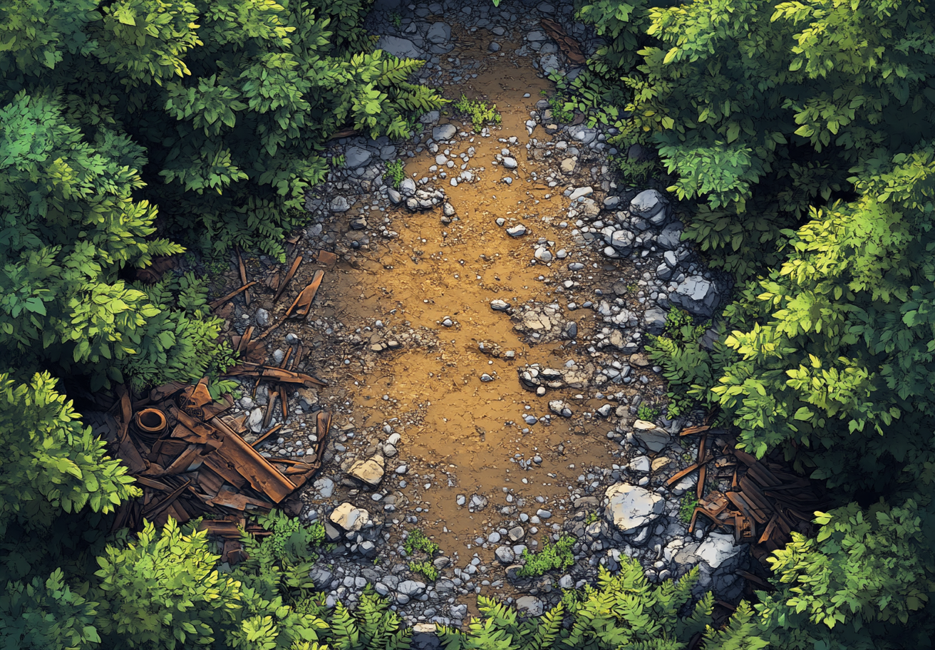 A realistic forest junkyard battlemap by a river.