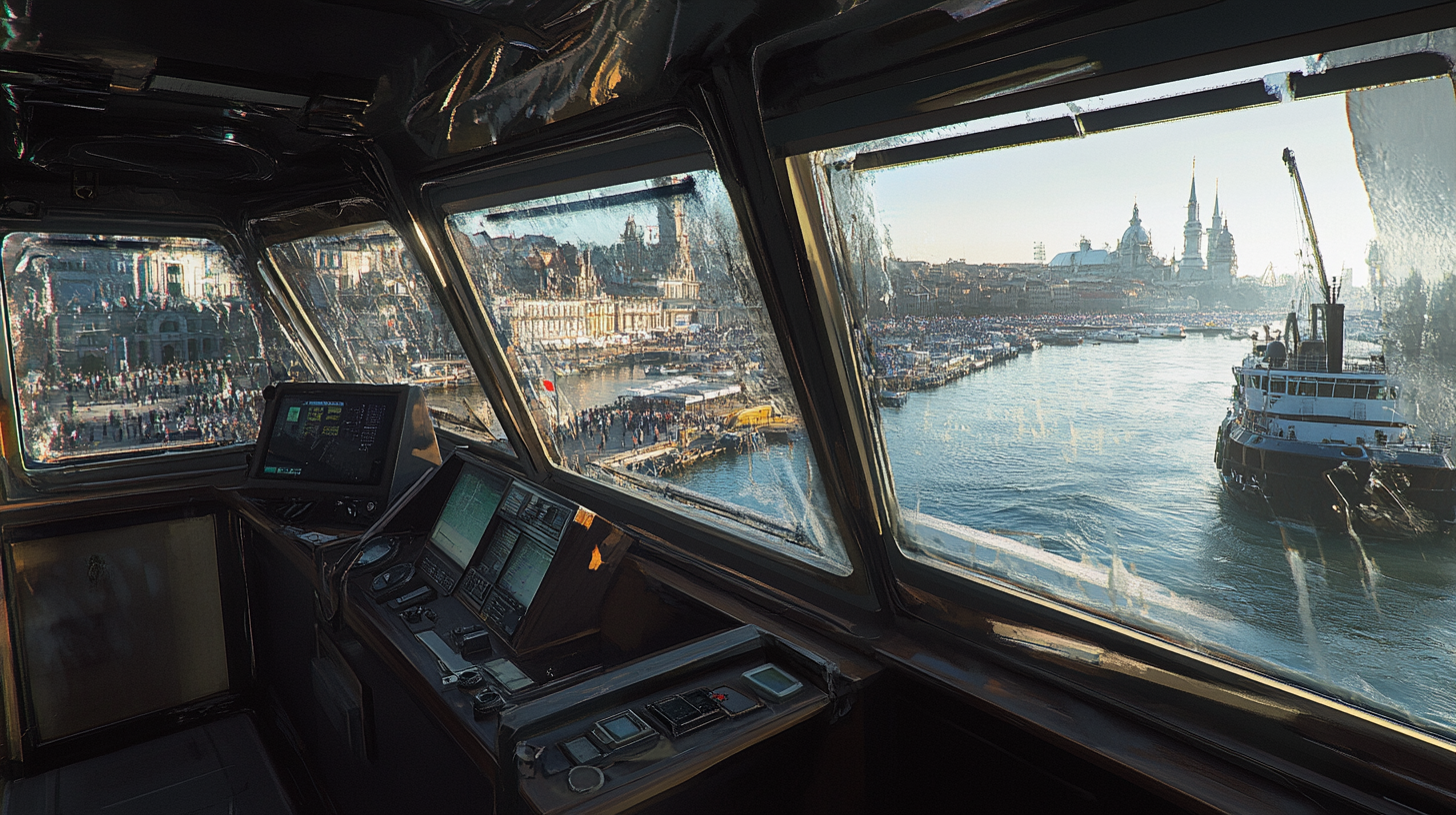 A realistic harbor scene through a ship window