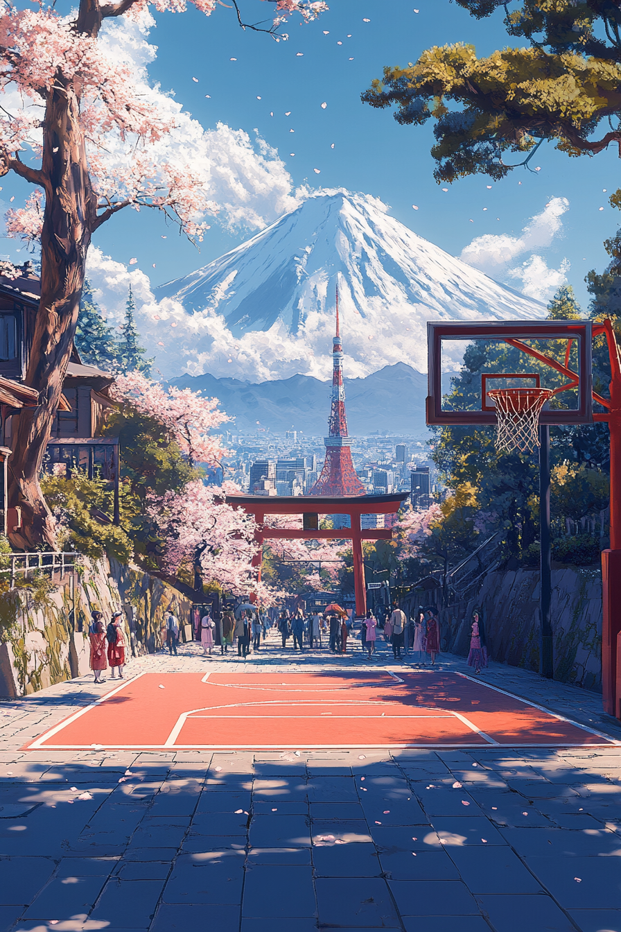 A realistic illustration of a Japanese basketball court scene.