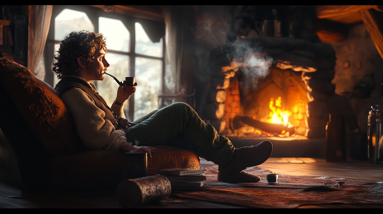 A realistic image of Bilbo Baggins by fireplace