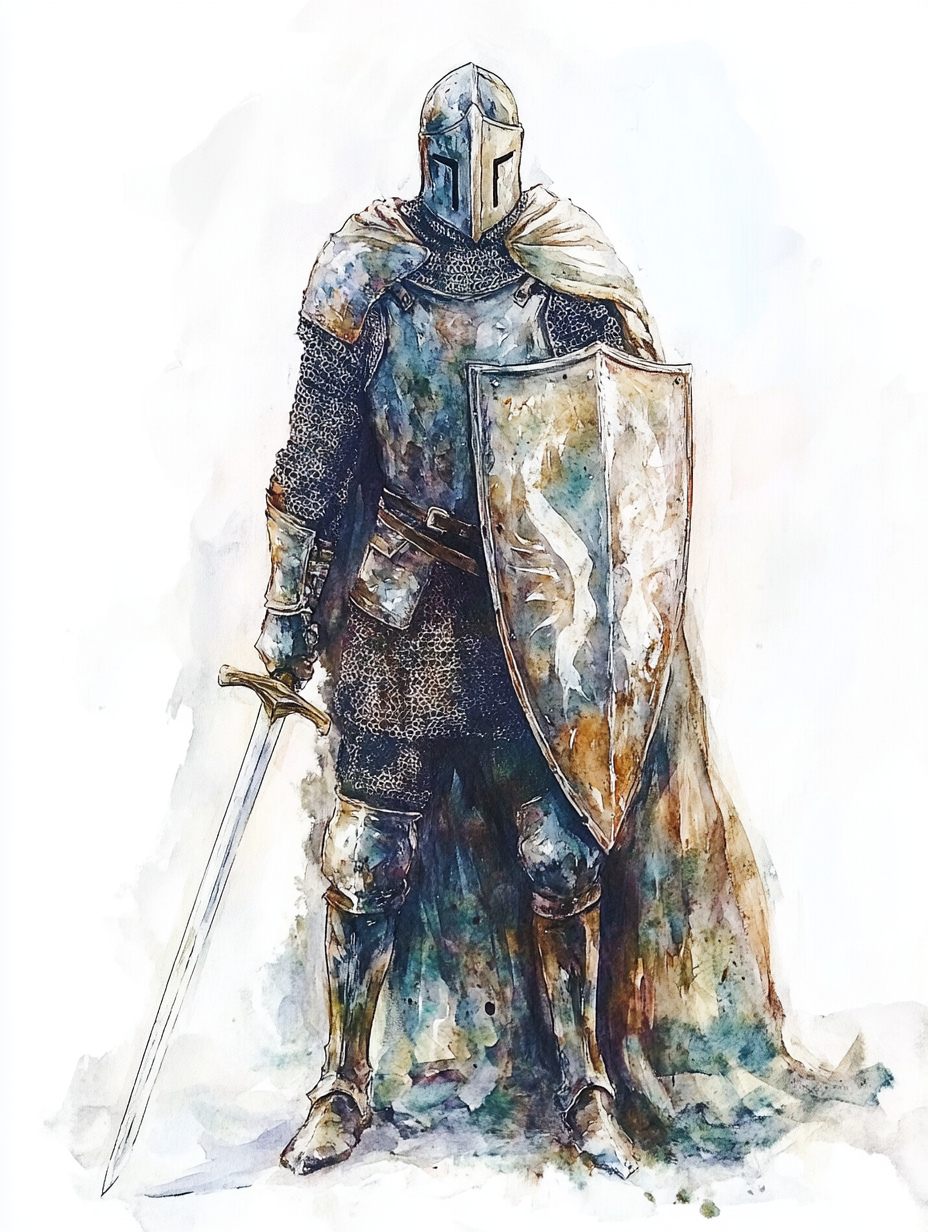 A realistic knight in 13th century with sword.