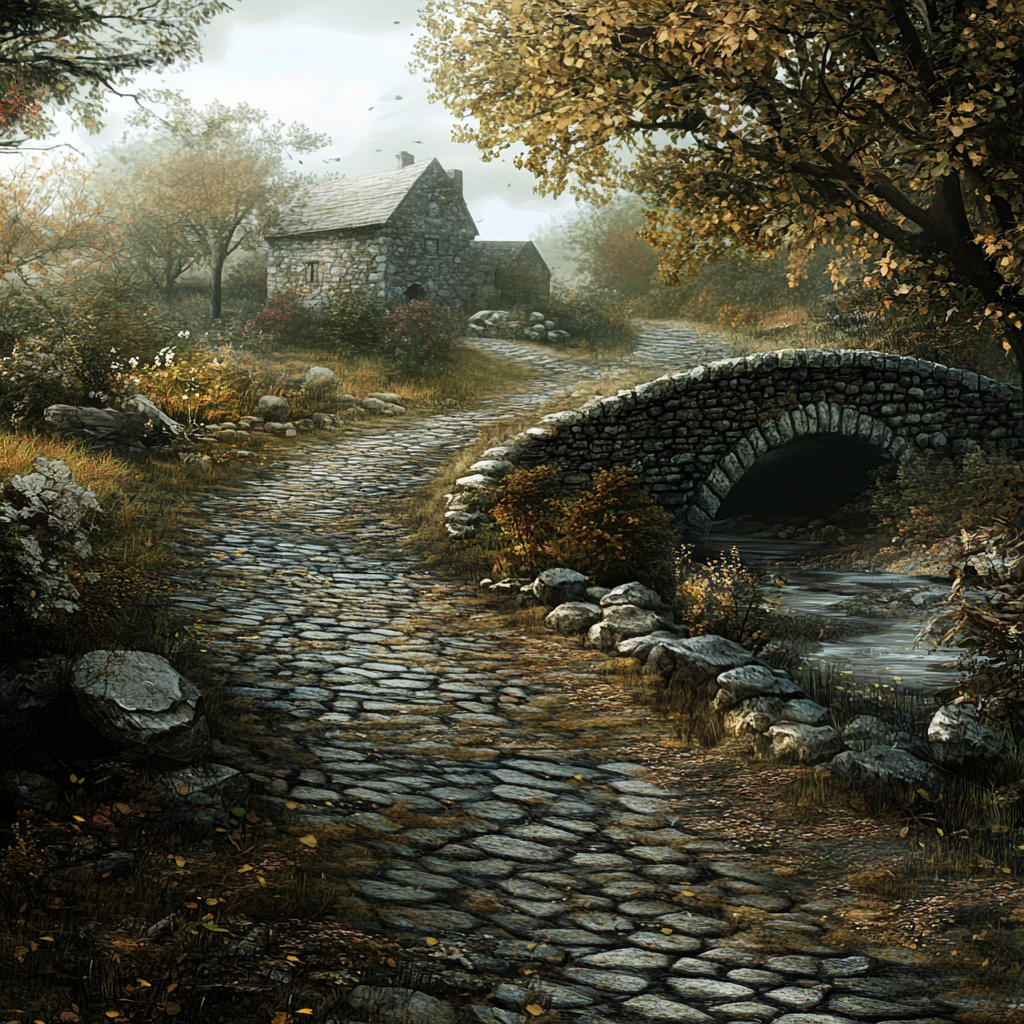 A realistic landscape with a cobblestone road crossing.