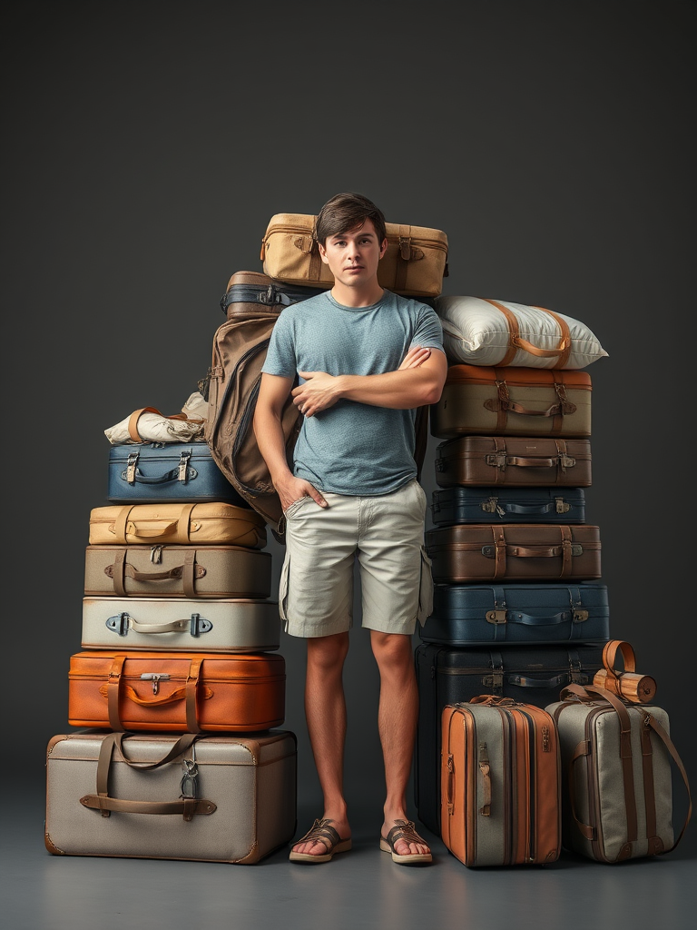 A realistic man is surrounded by many bags.