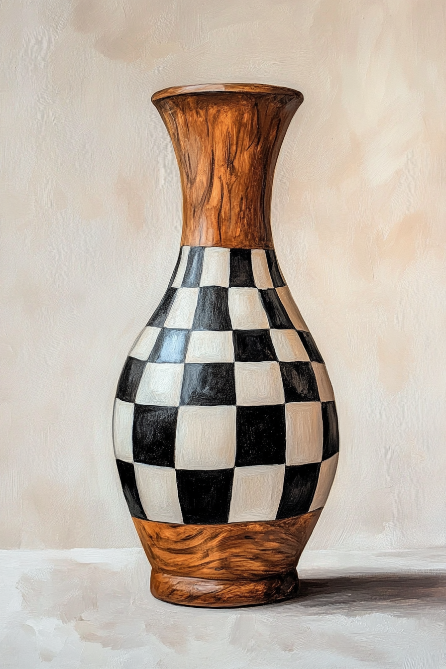 A realistic painting of a checkered vase on beige.