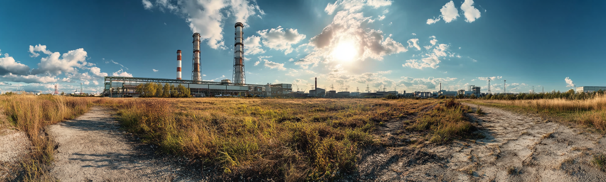 A realistic panoramic image of landscape with various energy sources.