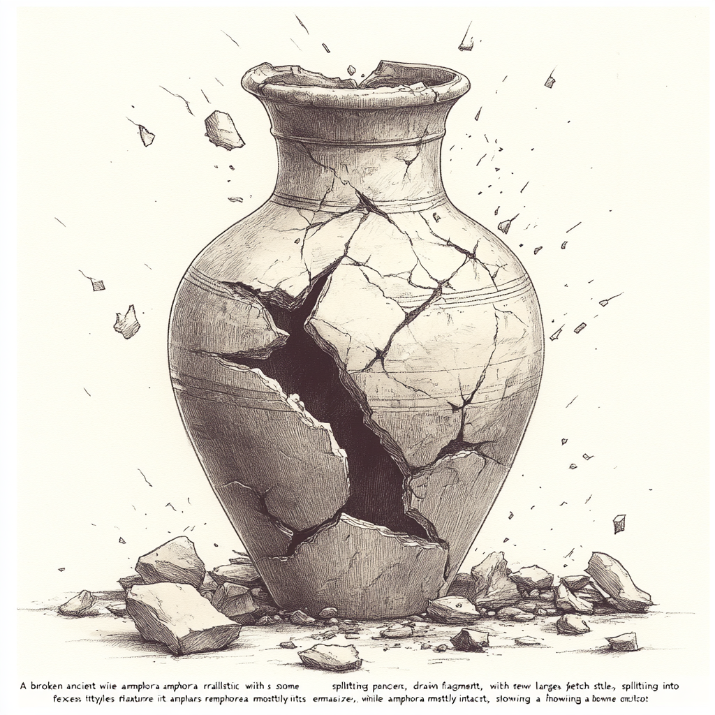 A realistic pencil sketch of a broken amphora