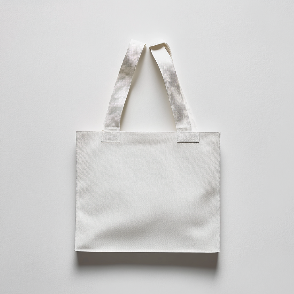 A realistic photo of white tote bag.