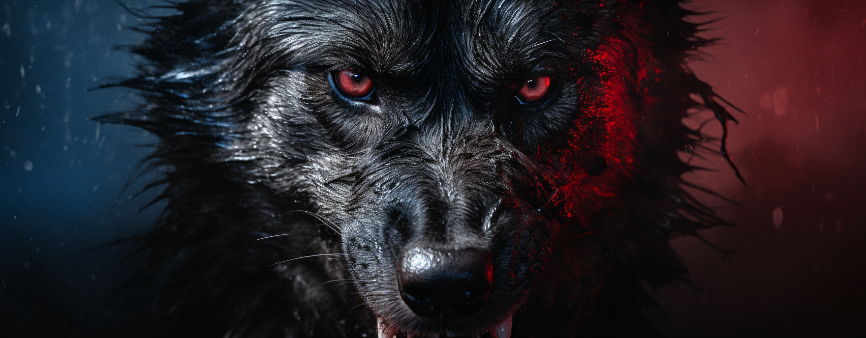 A realistic photograph of a split-faced black wolf