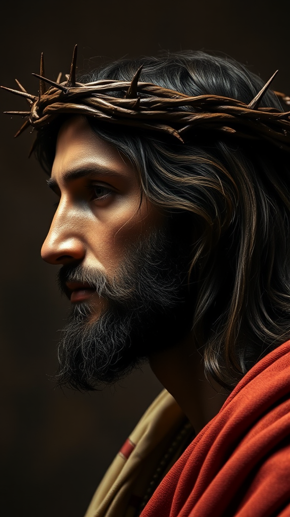 A realistic portrait of Jesus wearing a crown.