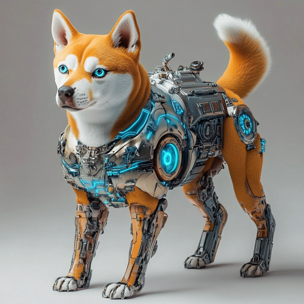 A realistic robotic shiba dog with human muscles.