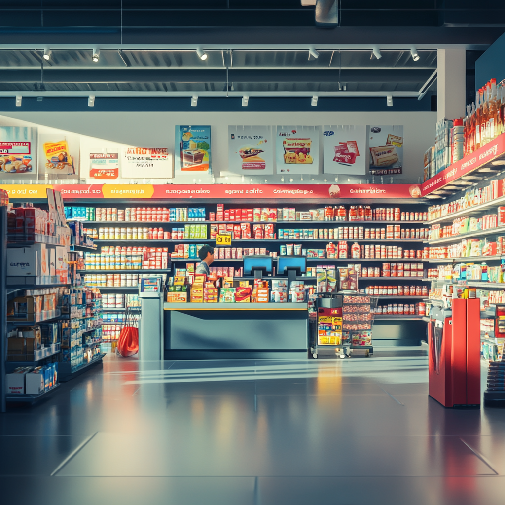 A realistic store interior at the checkout counter