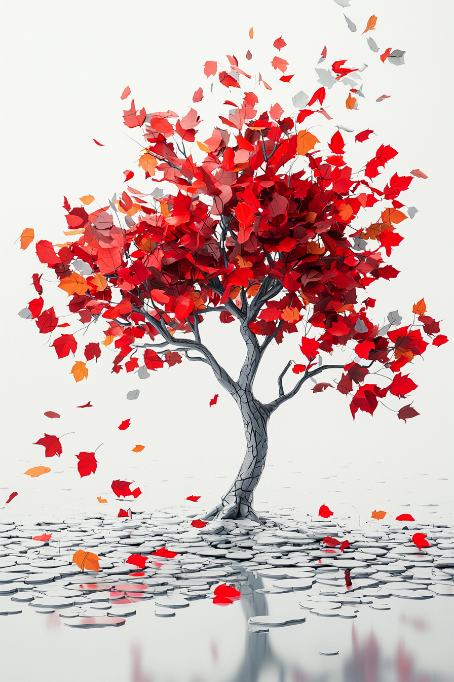 A realistic tree with red, green, yellow leaves.