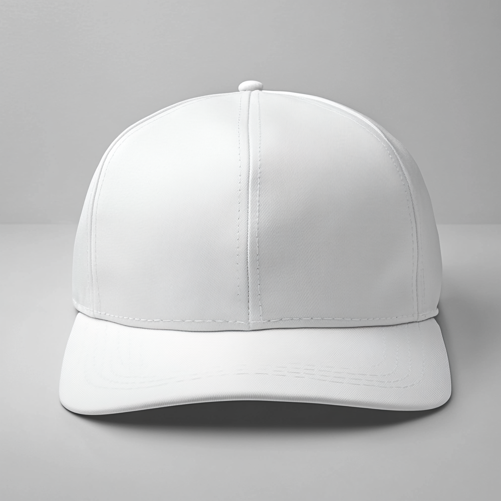 A realistic white snapback cap in photo studio.