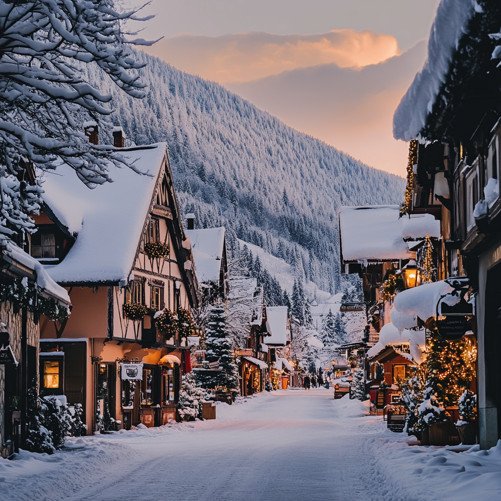 A realistic winter mountain village at dusk