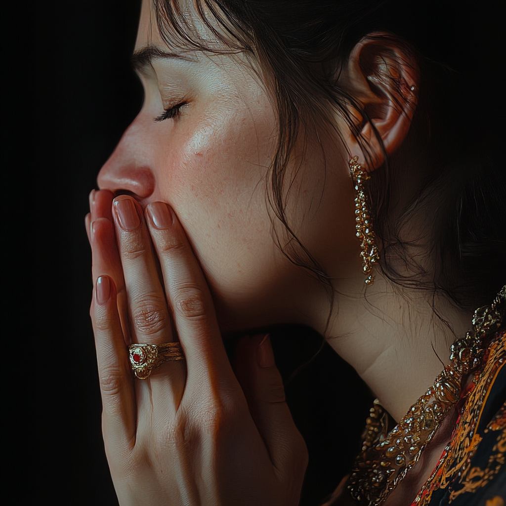 A realistic woman with hands covering mouth