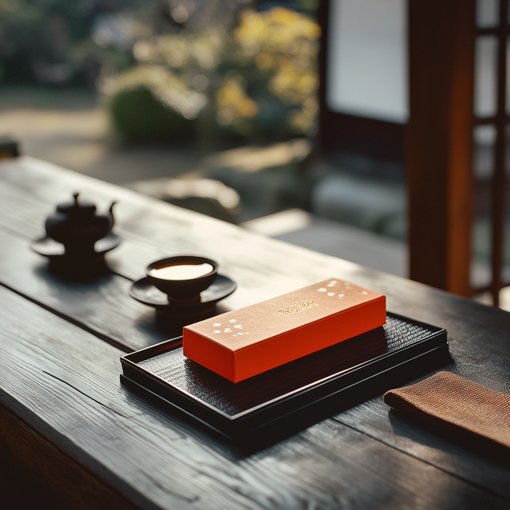 A red box with tea on a tray.